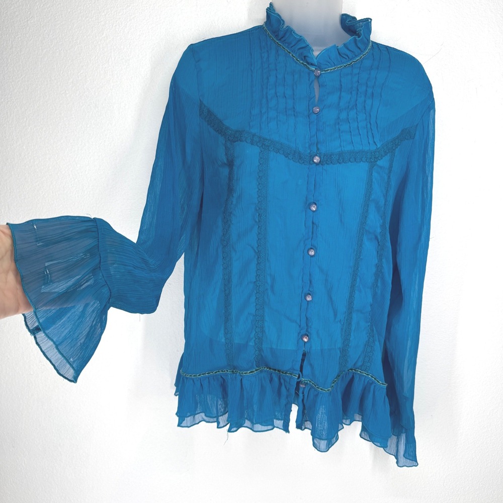 Womens Blue Sheer Ruffle Blouse Lace Trim Pintuck Long Sleeve Top Size S Boho